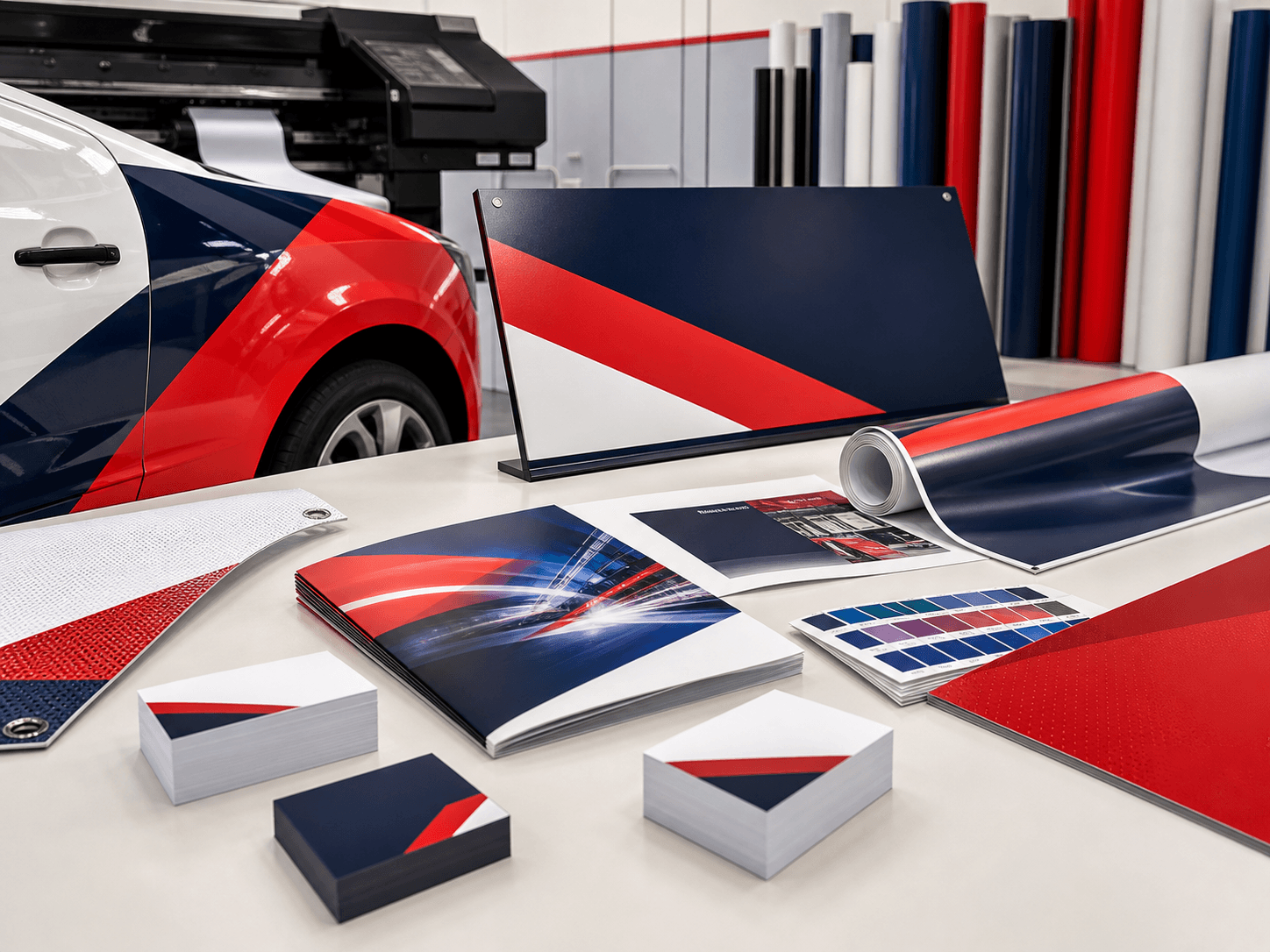 Vehicle graphics, signage, vinyl rolls and printed marketing materials on a print studio workbench